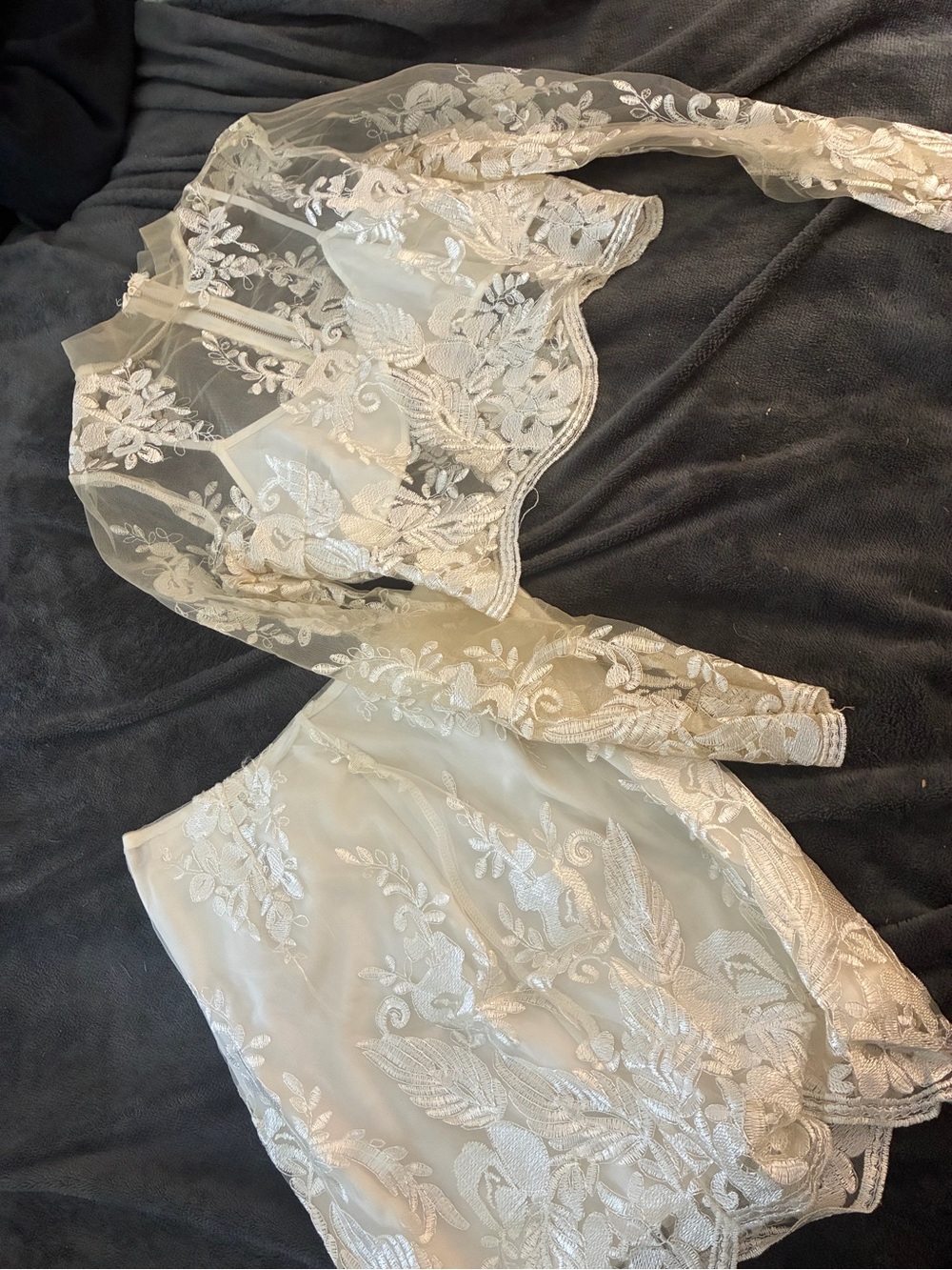 Fashion Nova Ivory Sheer Lace Long-Sleeve Bra Top and Skirt Set
